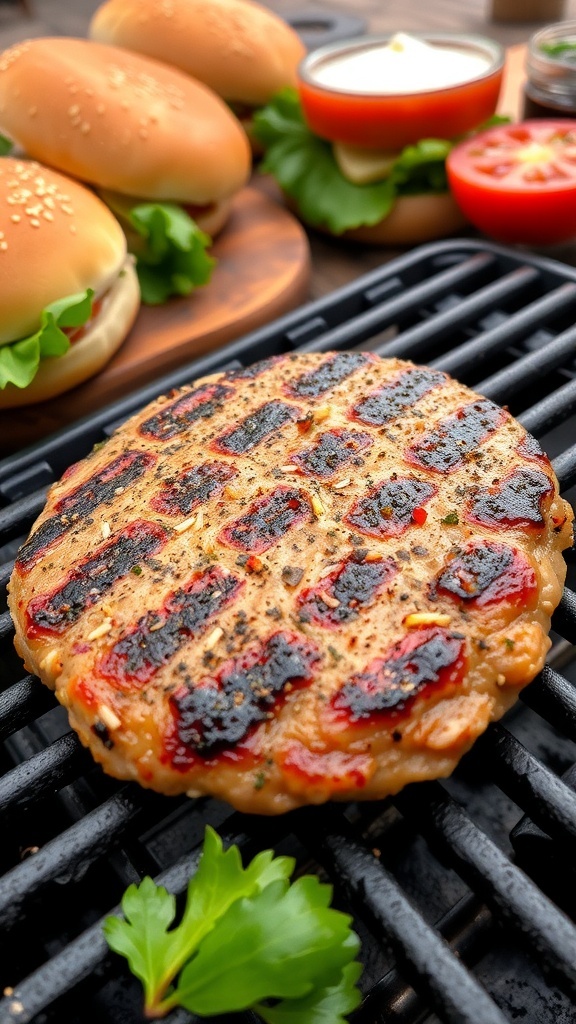 A seasoned burger patty on a grill with fresh ingredients for assembling burgers.